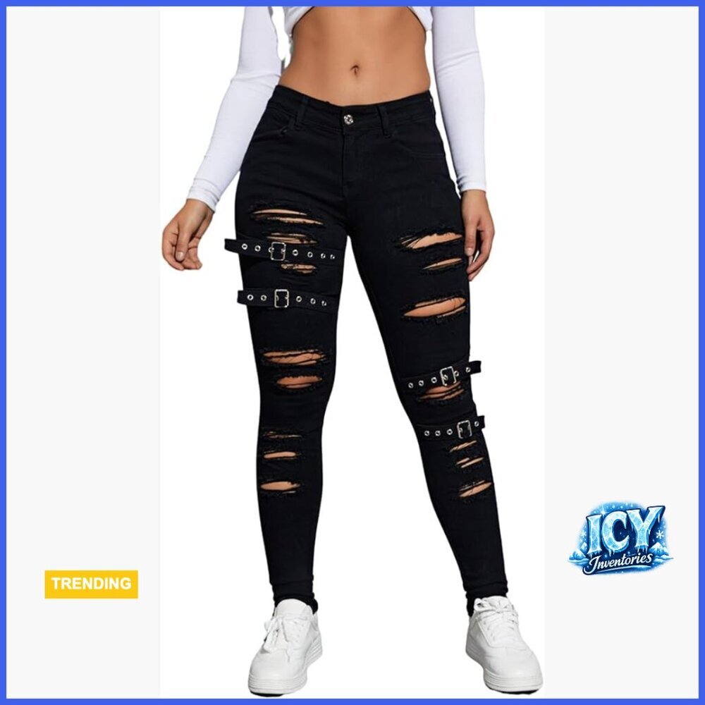 Ripped Distressed High Waist Jeans Stretch Denim Pants